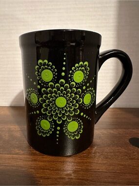 Hand painted Black Ceramic Mug with Green Dot Floral Design -